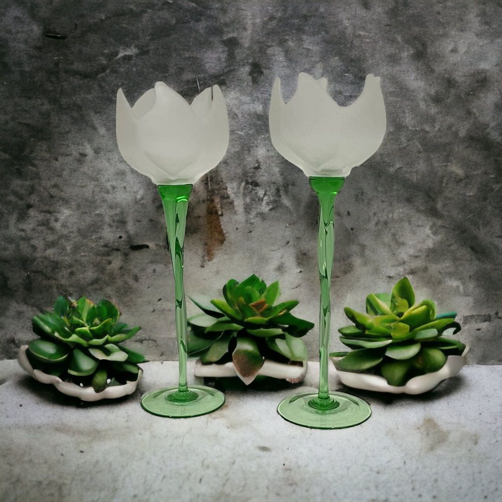 Pair of Vintage Italian Frosted Glass Tulip Candle Holders Vases 16.5" Tall